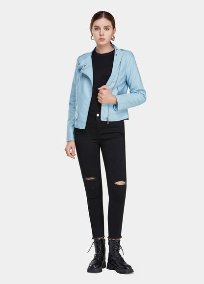 Women's Zip Up Flap Pocket PU Leather Moto Jacket-Blue main view