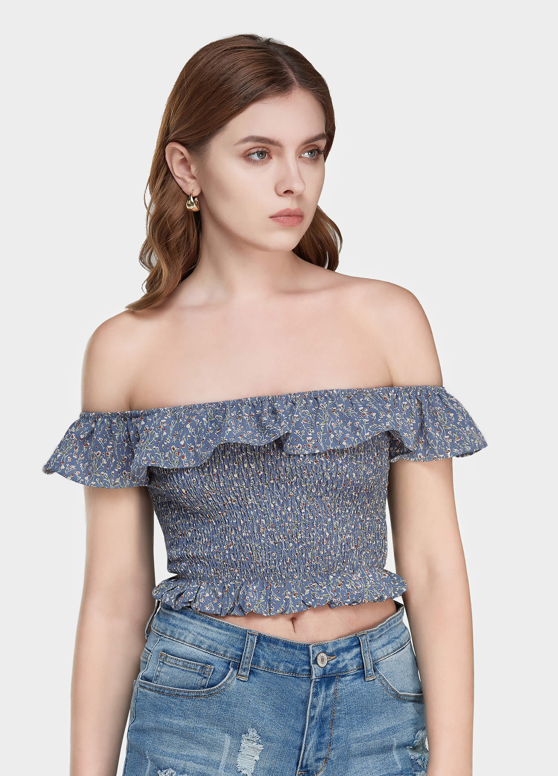 Women's ruffle off shoulder cap sleeve top-Blue