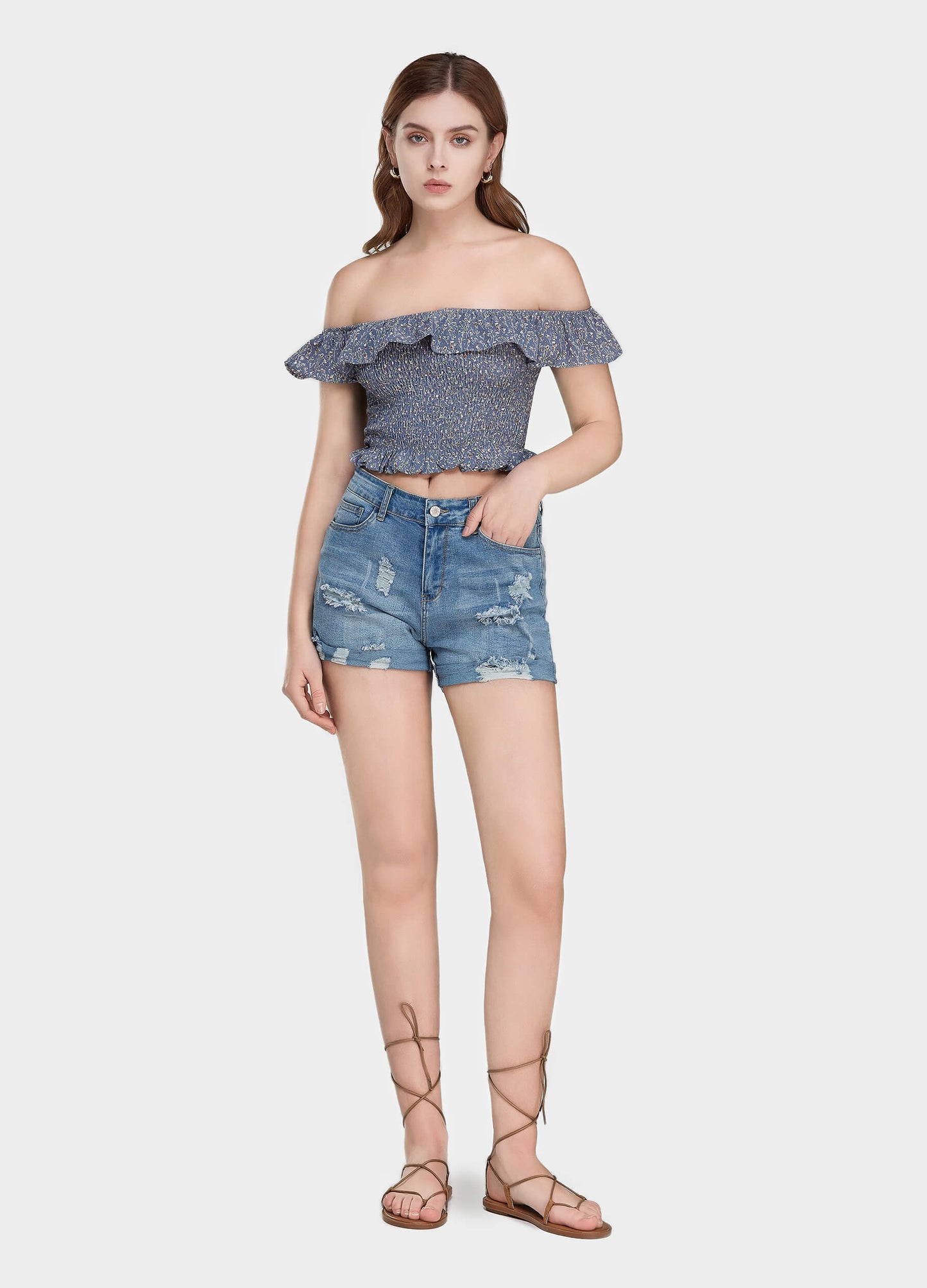 Women's ruffle off shoulder cap sleeve top-Blue main view