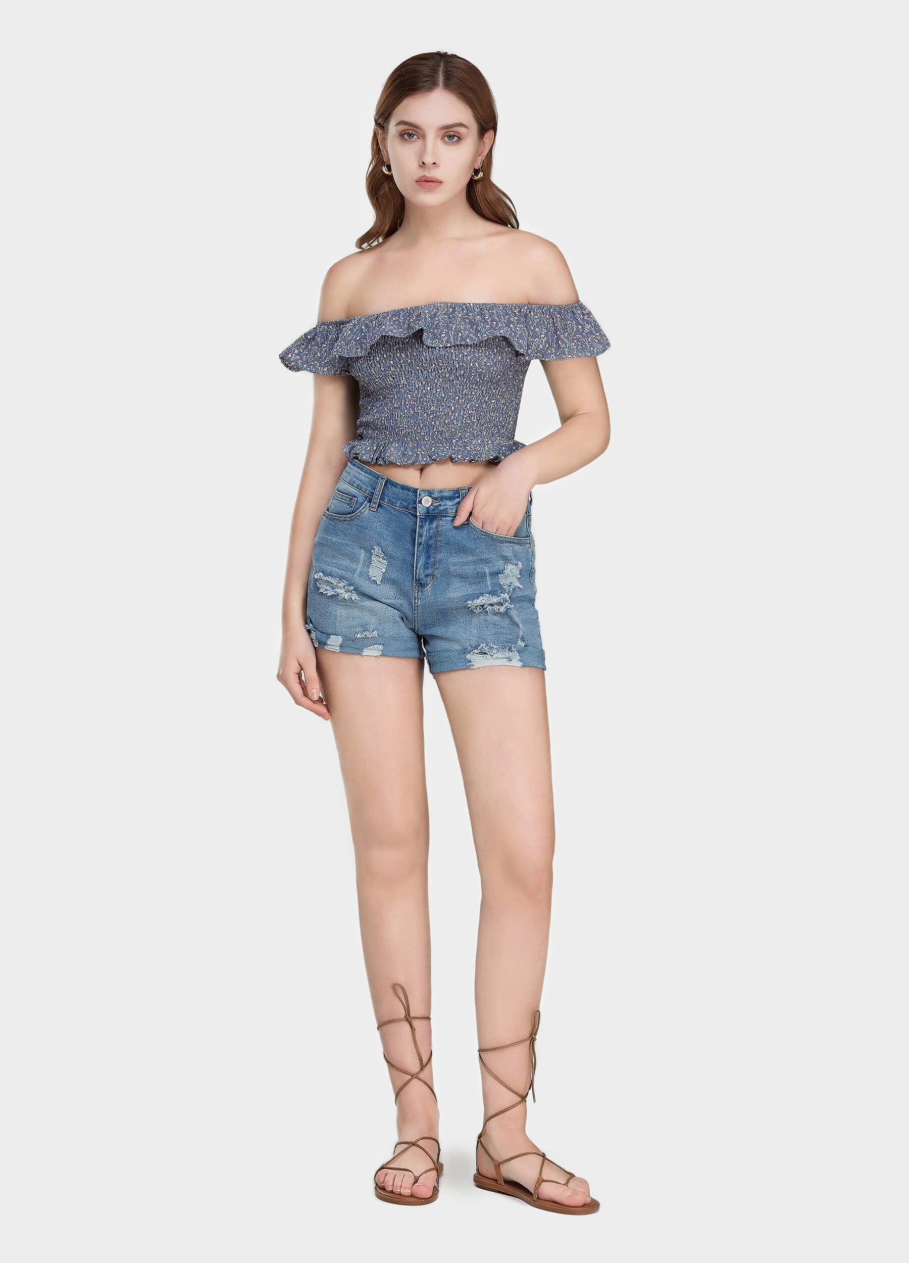 Women's ruffle off shoulder cap sleeve top-Blue main view