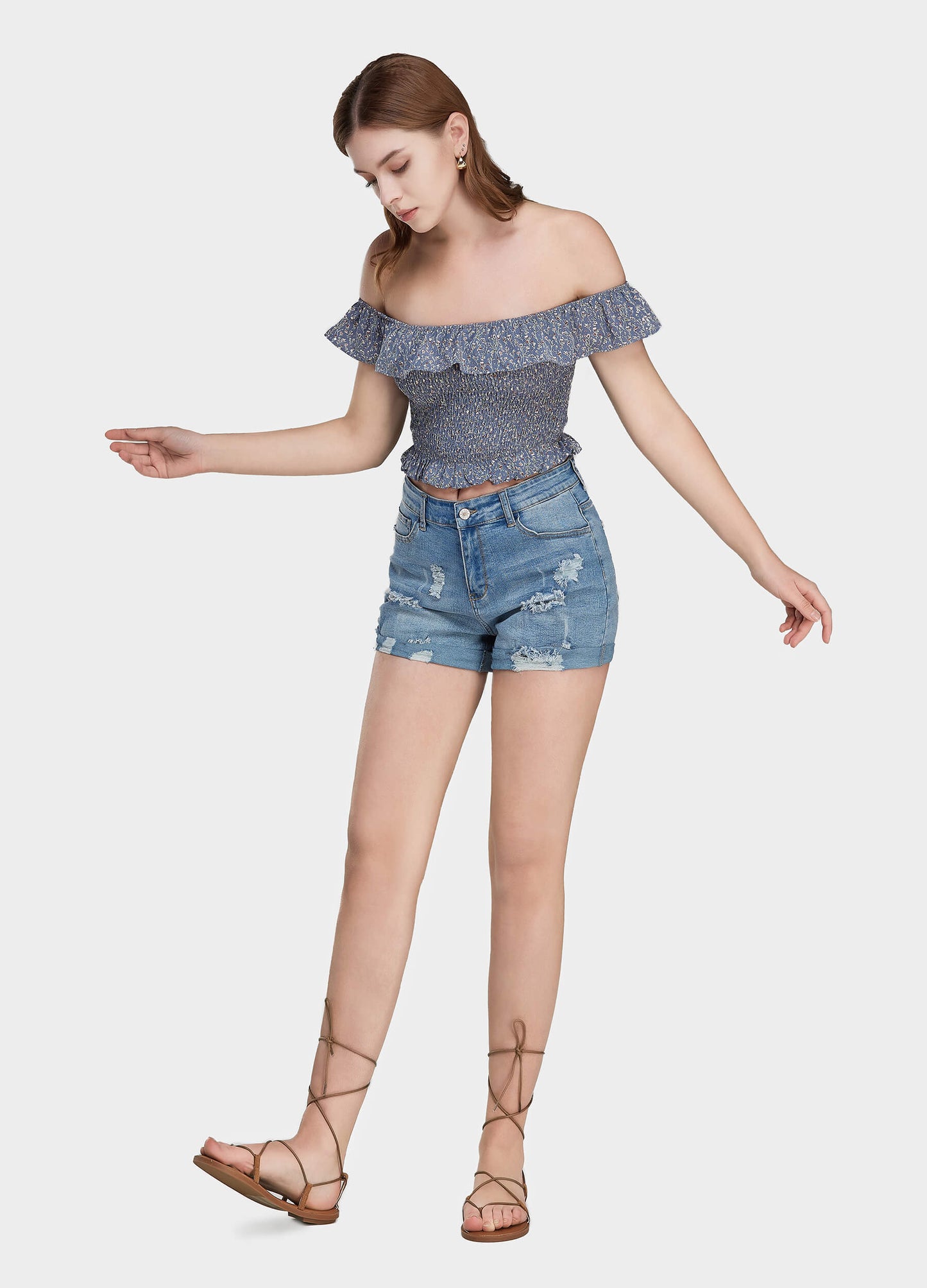 Women's ruffle off shoulder cap sleeve top-Blue side view