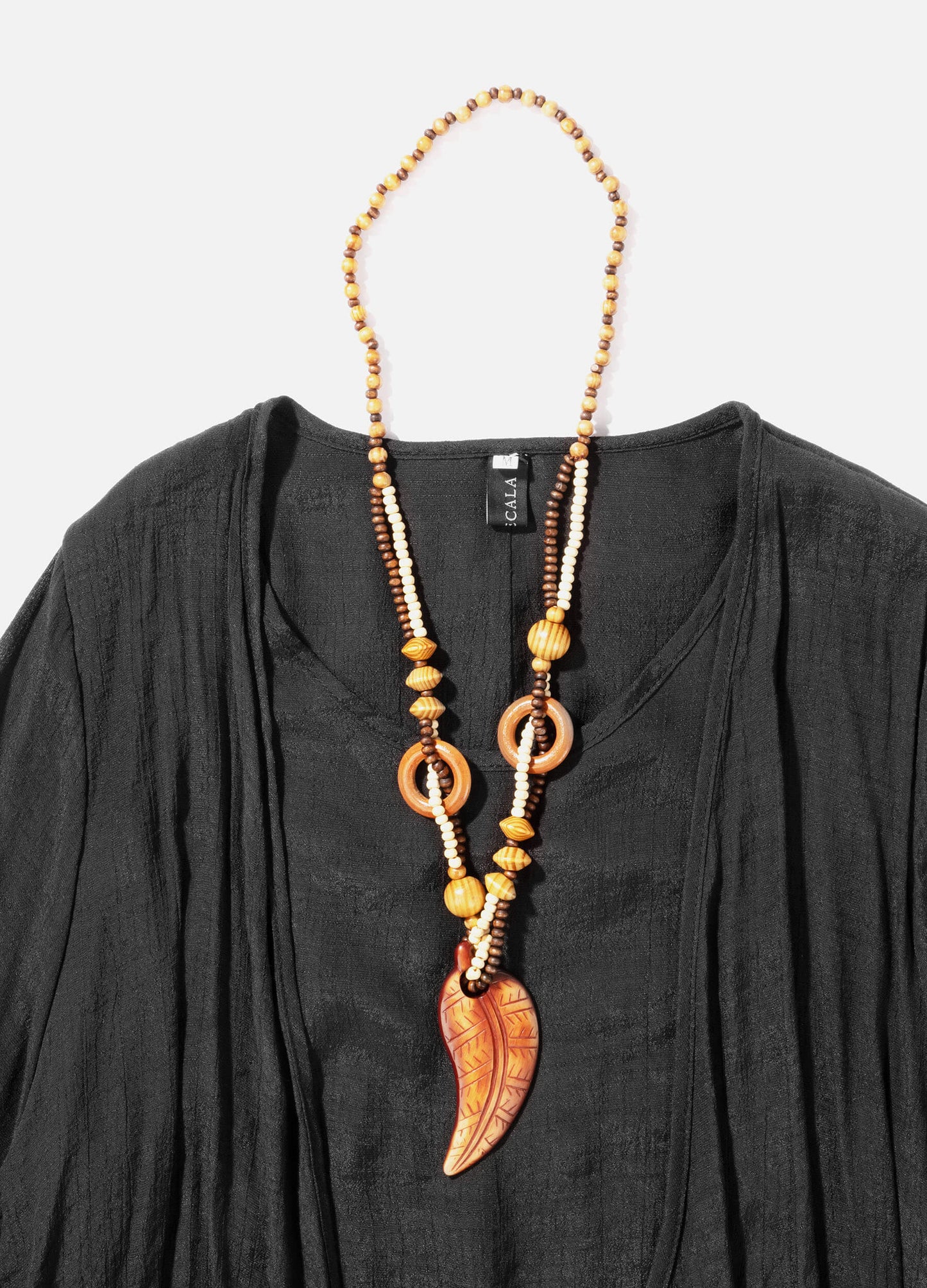 MECALA Women's Black Cardigan Dress with Wooden Feather Necklace