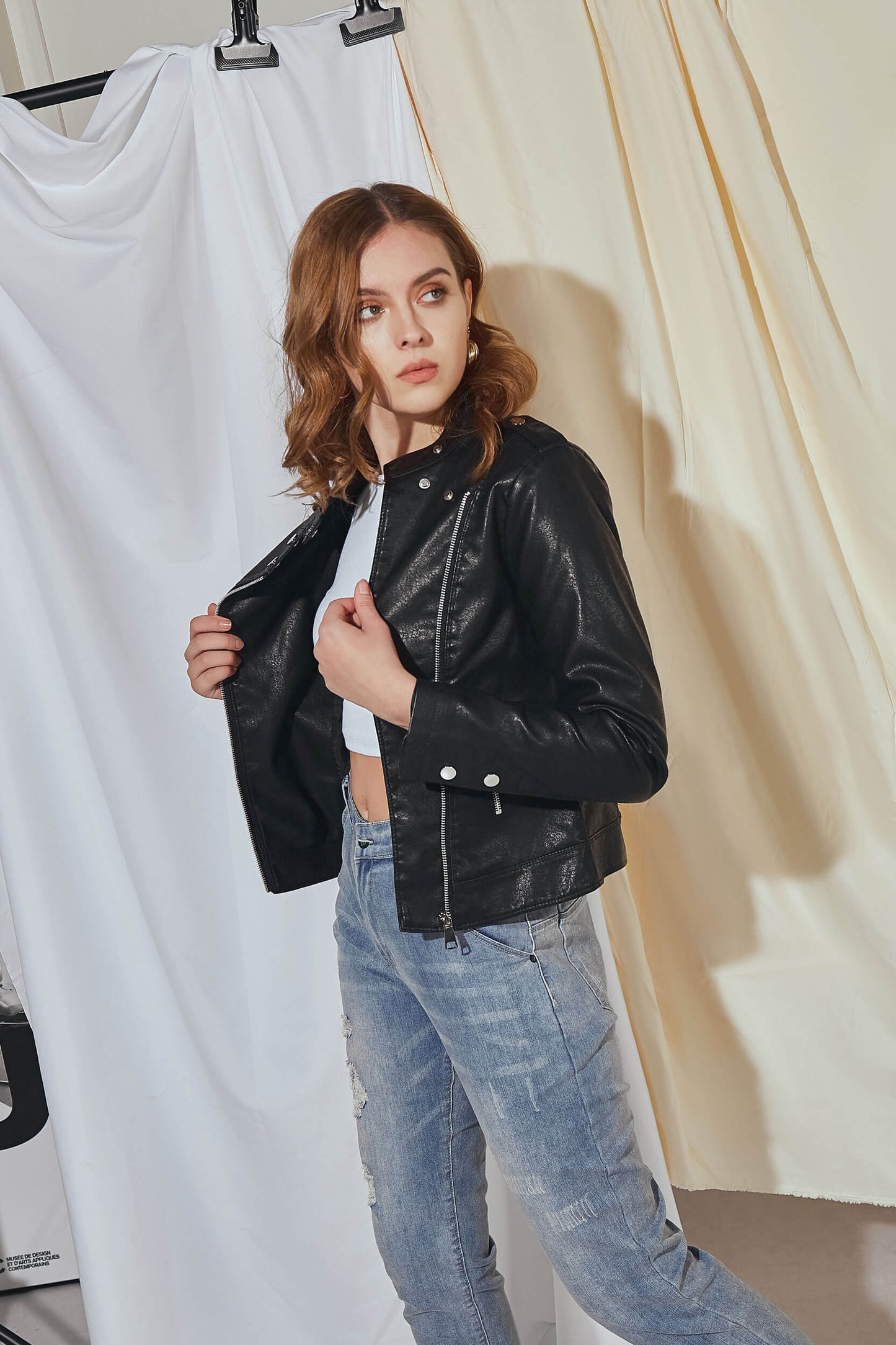 MECALA Women's Zip Up Flap Pocket Faux Leather Moto Jacket