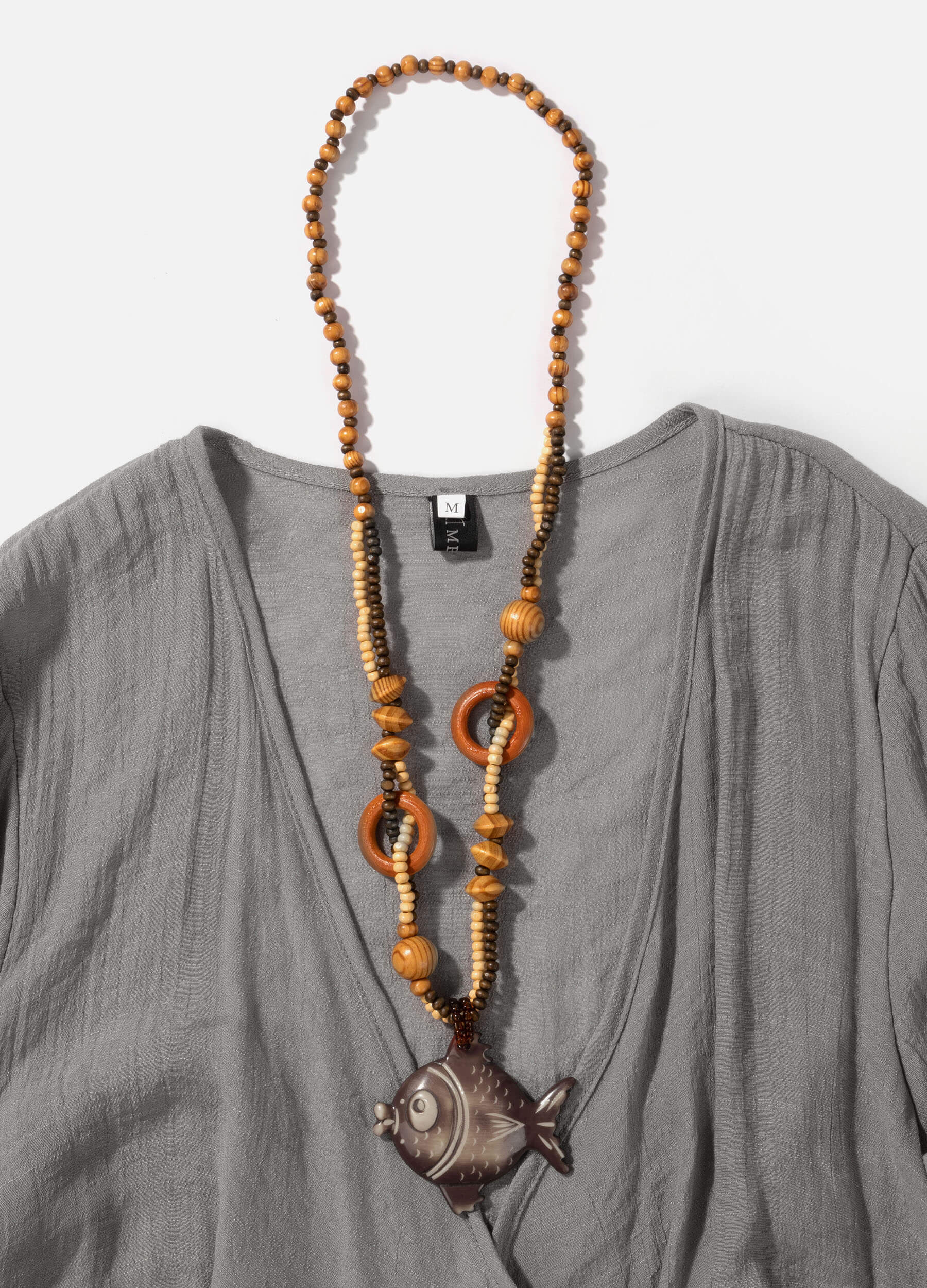 MECALA Women's Solid Linen Grey Cardigan Dress with Wooden Fish Necklace