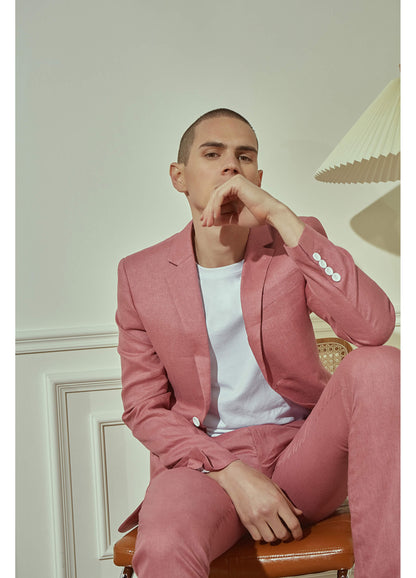 men pink linen suit